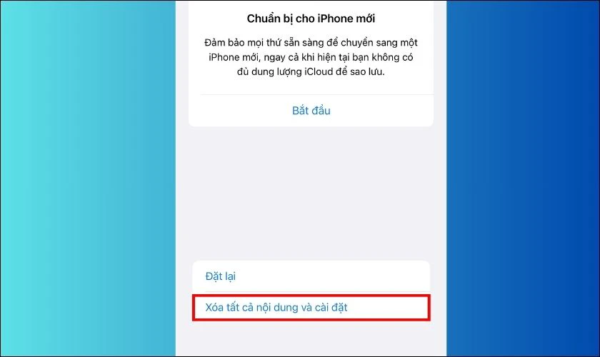 Bạn chọn Xóa tất cả nội dung và cài đặt để bắt đầu quá trình khôi phục