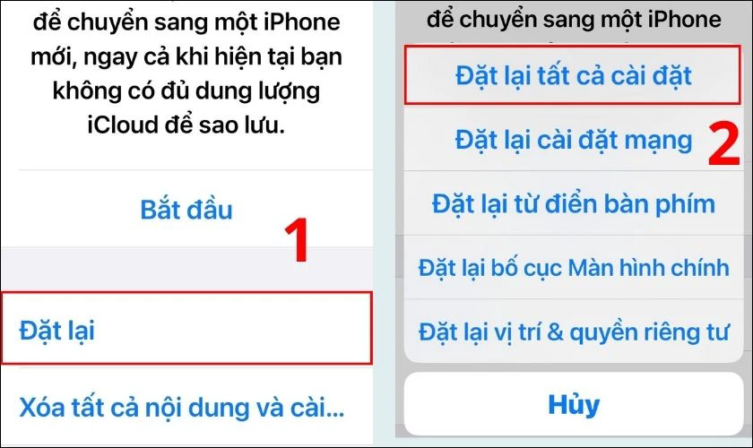 Chọn mục Đặt lại v&agrave; nhấn v&agrave;o Đặt lại tất cả c&agrave;i đặt