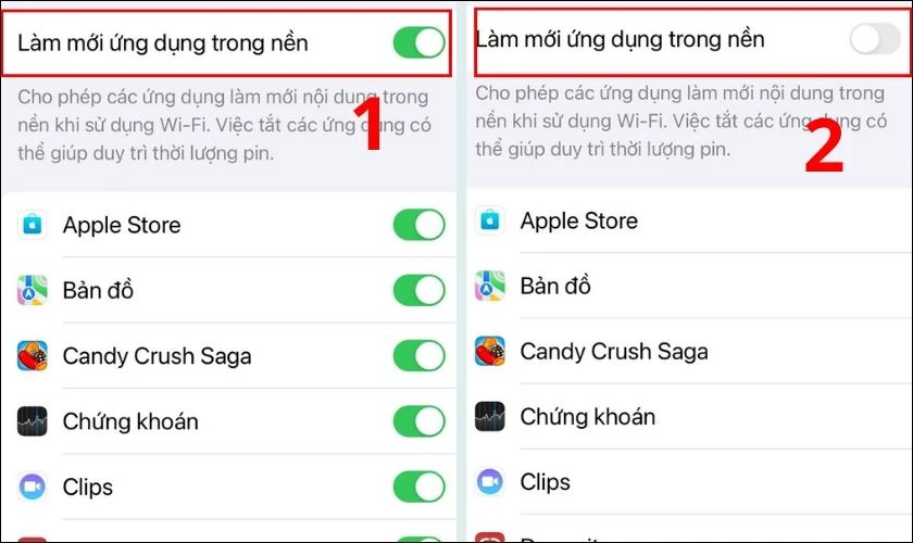 Nhấn v&agrave;o mục L&agrave;m mới ứng dụng trong nền v&agrave; chọn Tắt