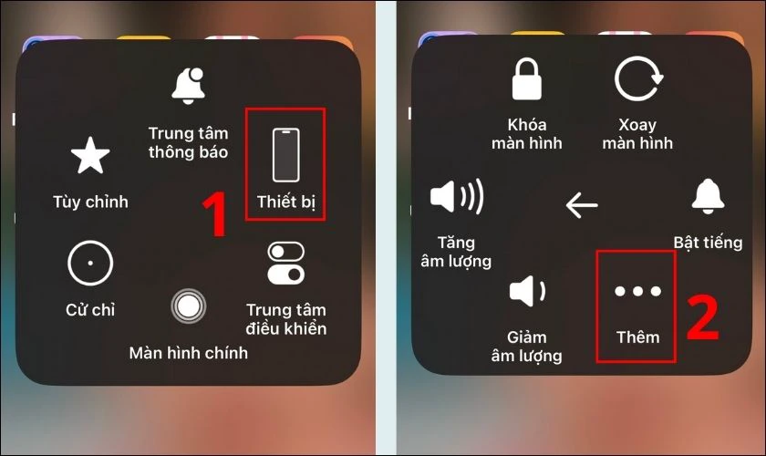Nhấn v&agrave;o n&uacute;t AssistiveTouch tr&ecirc;n m&agrave;n h&igrave;nh, bấm chọn Thiết bị v&agrave; Th&ecirc;m