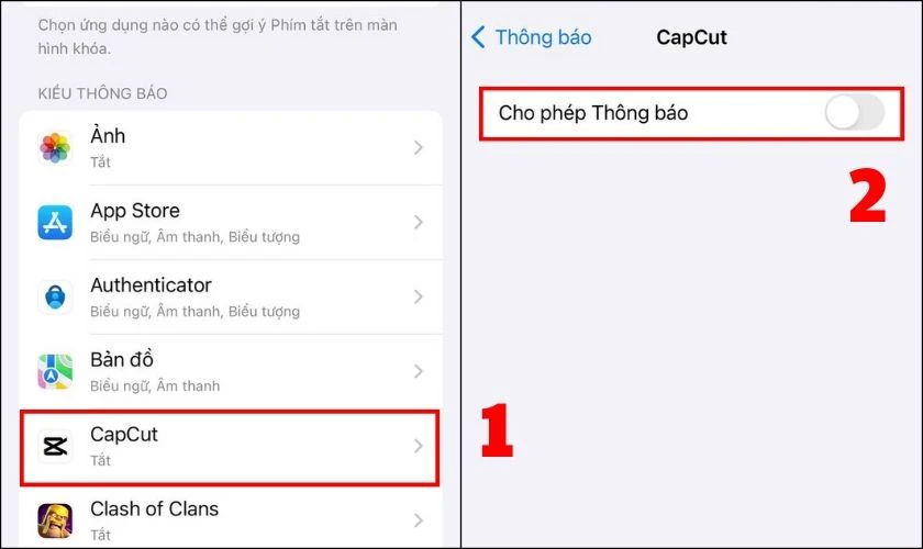 Chọn ứng dụng m&agrave; bạn muốn tắt th&ocirc;ng b&aacute;o v&agrave; tắt c&ocirc;ng tắt ở mục Cho ph&eacute;p th&ocirc;ng b&aacute;o