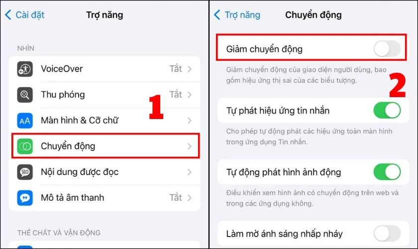 T&igrave;m đến mục Chuyển động, chọn Giảm Chuyển động v&agrave; gạt c&ocirc;ng tắc để v&ocirc; hiệu h&oacute;a t&iacute;nh năng n&agrave;y