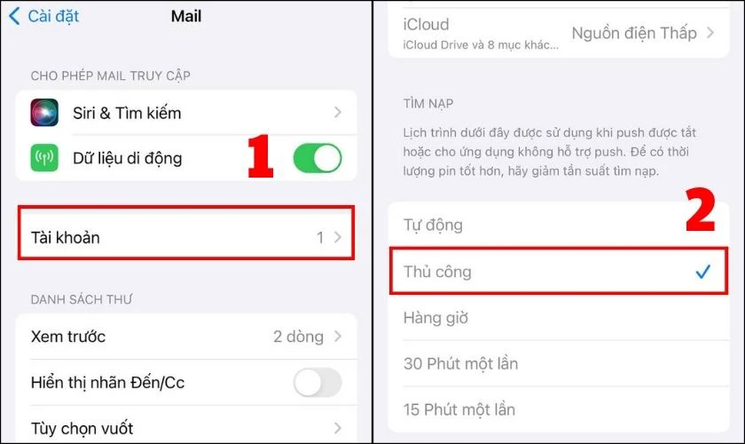 Đặt t&ugrave;y chọn Thủ c&ocirc;ng để iPhone kh&ocirc;ng tự động kiểm tra email mới