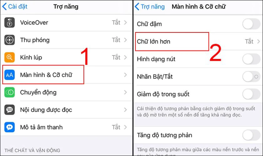Tại đ&acirc;y, bạn c&oacute; thể bật c&aacute;c t&iacute;nh năng như Cỡ chữ lớn, Chế độ tối, Điều chỉnh độ tương phản v&agrave; Hiển thị đơn giản