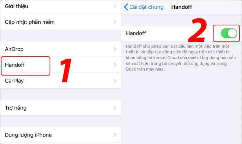 Tìm đến phần Handoff trong menu
