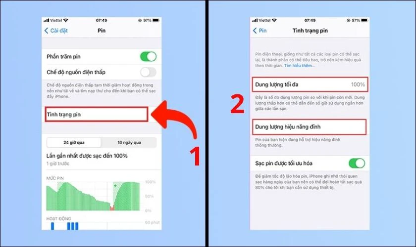 Kiểm tra pin c&oacute; chai hay kh&ocirc;ng tại mục Dung lượng pin tối đa