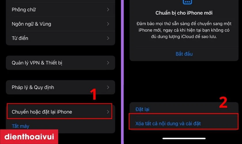Bạn chọn Chuyển hoặc Đặt lại iPhone v&agrave; chọn tiếp X&oacute;a tất cả nội dung v&agrave; c&agrave;i đặt
