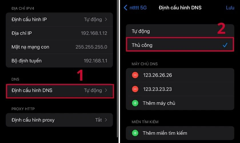 Chọn Định cấu h&igrave;nh DNS, ấn chọn tiếp Thủ c&ocirc;ng