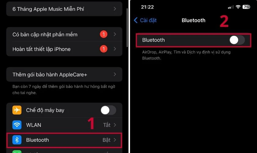 V&agrave;o phần C&agrave;i đặt, chọn mục Bluetooth v&agrave; gạt n&uacute;t sang b&ecirc;n tr&aacute;i