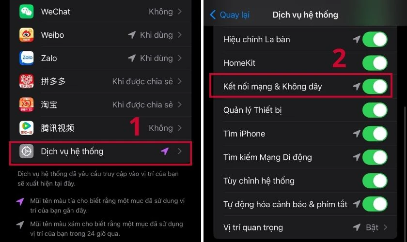 Lướt xuống cuối c&ugrave;ng chọn Dịch vụ hệ thống, gạt n&uacute;t sang b&ecirc;n tr&aacute;i để tắt chế độ Kết nối mạng & Kh&ocirc;ng d&acirc;y