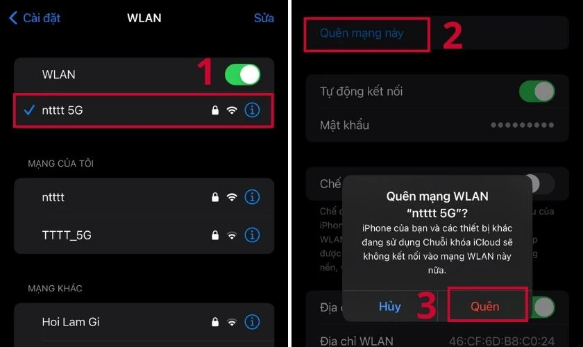 Sau đ&oacute; chọn t&ecirc;n Wi-Fi bạn muốn kết nối. Chọn&nbsp;Qu&ecirc;n mạng n&agrave;y v&agrave; ấn Qu&ecirc;n