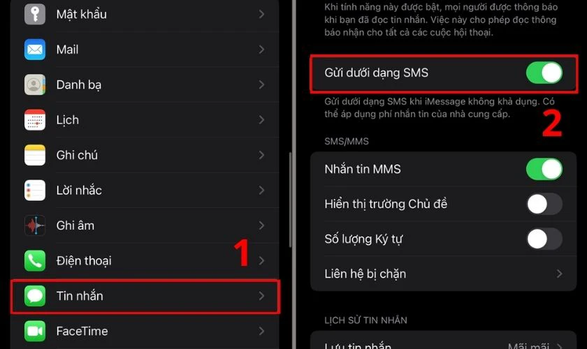 Bạn chọn mục Tin nhắn và gạt nút Gửi dưới dạng SMS sang phải để kích hoạt
