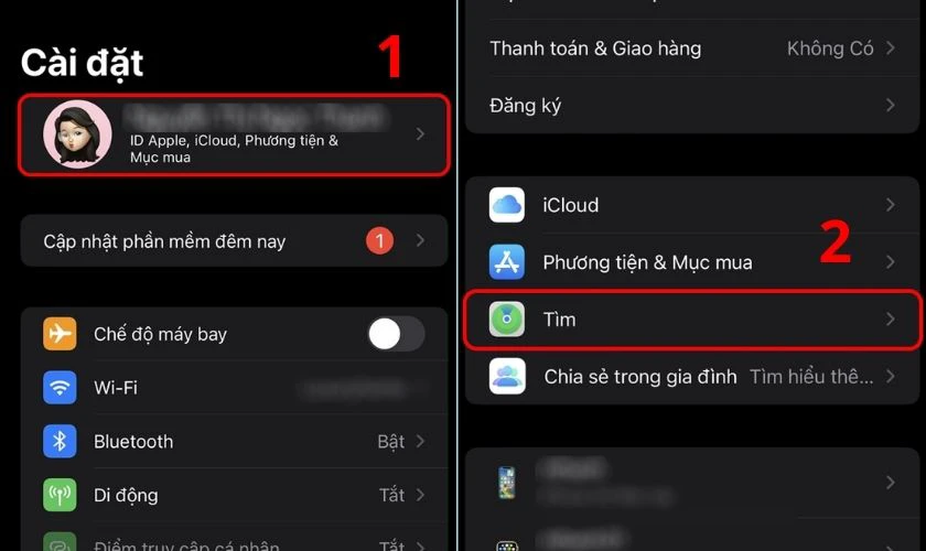 Bạn vào Cài đặt, chọn Tài khoản ID Apple và ấn vào Tìm khi iPhone không lên nguồn