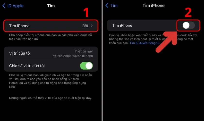 Trong mục Tìm, bạn chọn vào Tìm iPhone và tắt tính năng