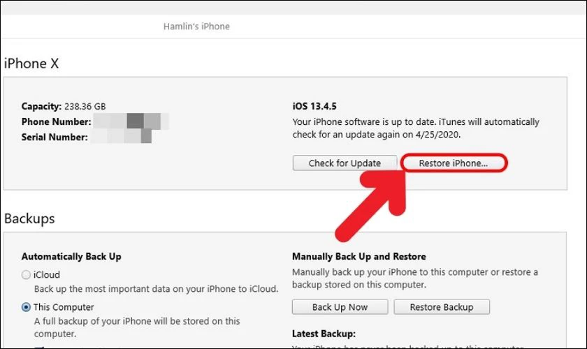 Tiếp theo, bạn chọn vào Restore iPhone