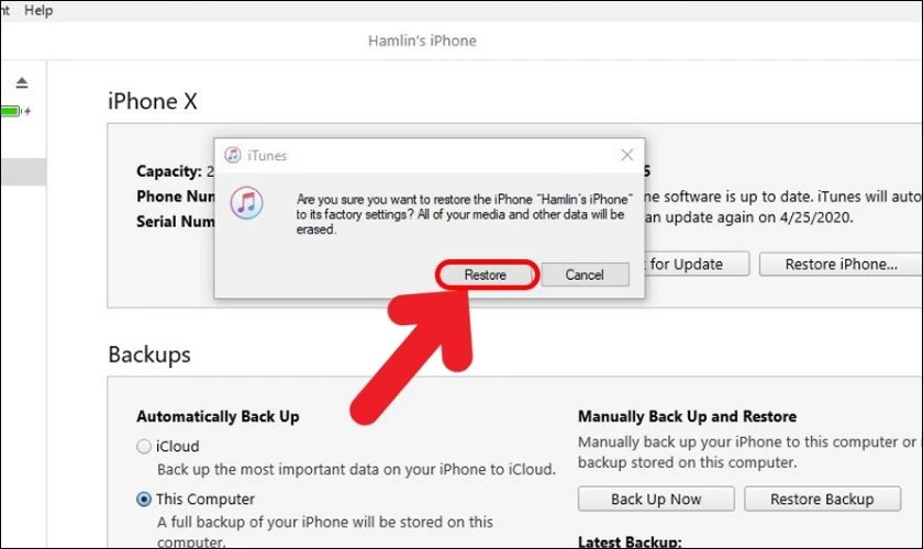 Cuối cùng, bạn ấn vào Restore để bắt đầu quá trình khôi phục thiết bị