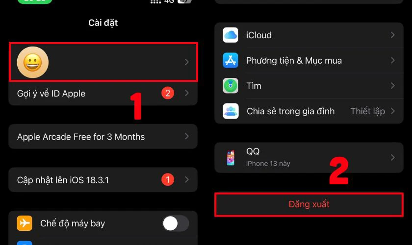 Đăng xuất và đăng nhập lại Apple ID