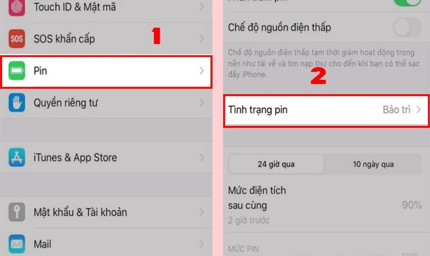 Chọn Pin trong Cài đặt, sau đó nhấn vào Tình trạng pin