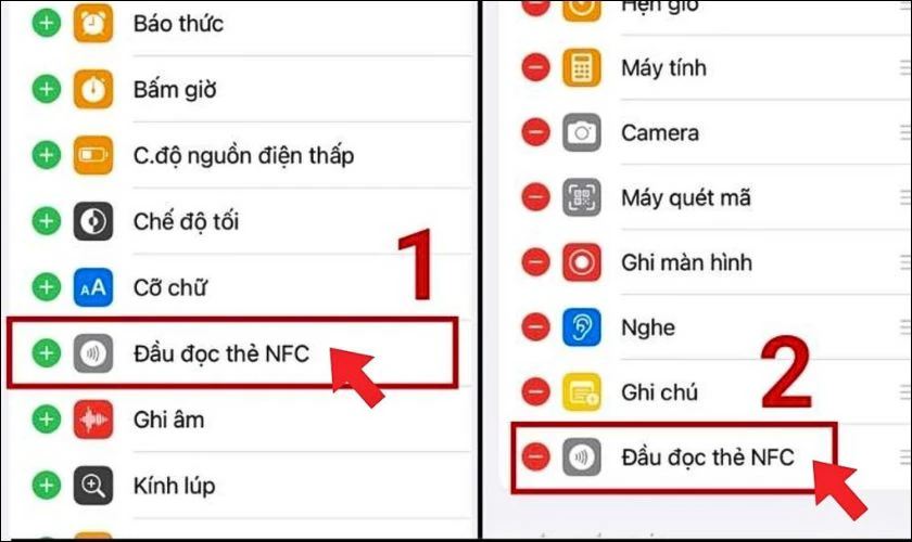 Lựa chọn Đầu đọc thẻ NFC vào trong Trung tâm điều khiển