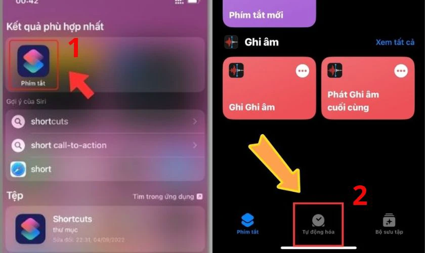 Đầu tiên, bạn lựa chọn vào ứng dụng Phím Tắt, bấm chọn Tự động hóa