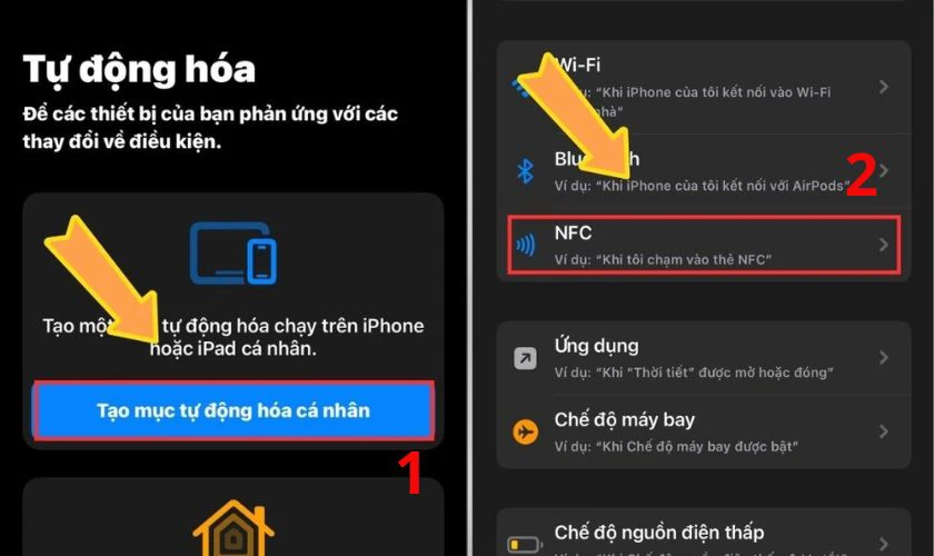Bấm chọn NFC trong mục Tự động hóa mới trên iPhone