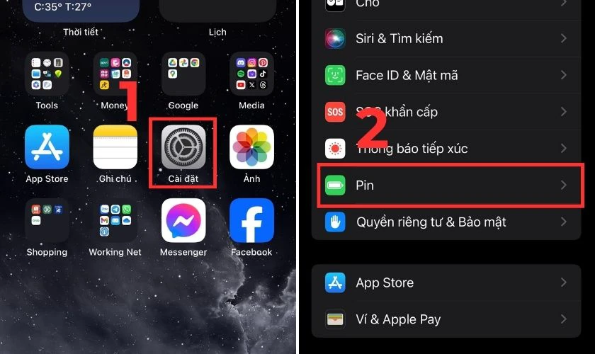 Mở C&agrave;i Đặt tại m&agrave;n h&igrave;nh ch&iacute;nh, sau đ&oacute; k&eacute;o xuống dưới chọn Pin