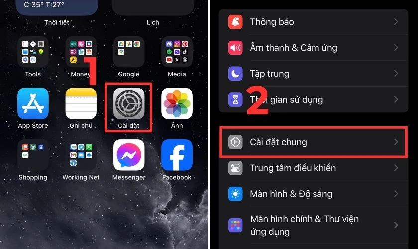 Mở C&agrave;i Đặt tại m&agrave;n h&igrave;nh ch&iacute;nh, sau đ&oacute; chọn C&agrave;i đặt chung