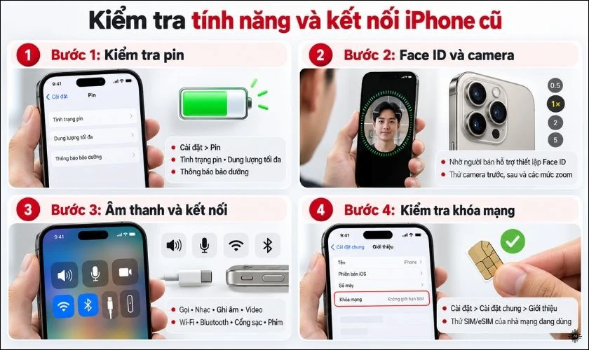 Kiểm tra pin, Face ID, camera và kết nối