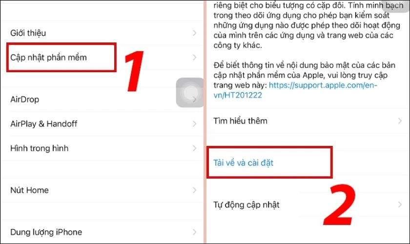 Bạn chọn Cập nhật phần mềm v&agrave; ấn v&agrave;o Tải về v&agrave; c&agrave;i đặt