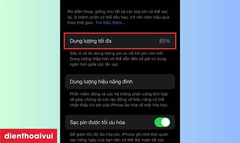Phần trăm dung lượng pin c&ograve;n lại hiển thị tại Dung lượng tối đa