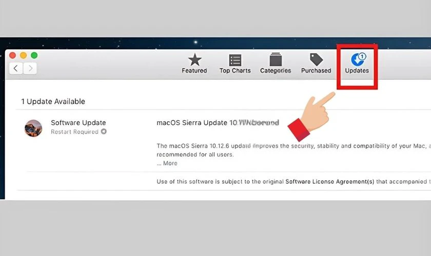 Nhấn v&agrave;o mục Updates