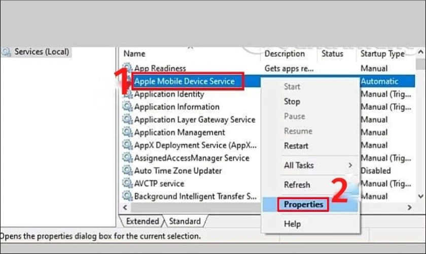 Tại mục Apple Mobile Device, nhấn chuột phải v&agrave; chọn Properties