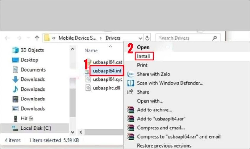 Nhấn chuột phải tại tệp usbaapl64.inf v&agrave; chọn Install