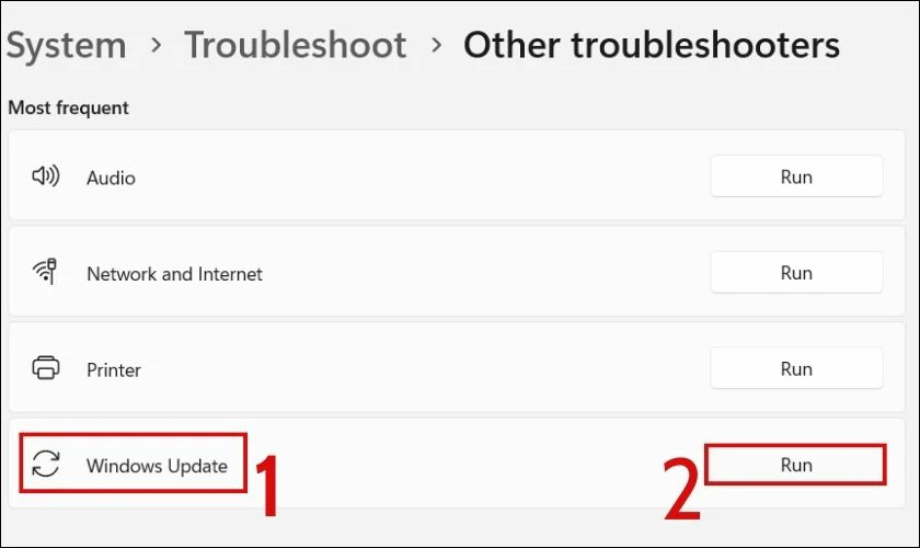 Nhấn chọn Windows Update v&agrave; chọn Run