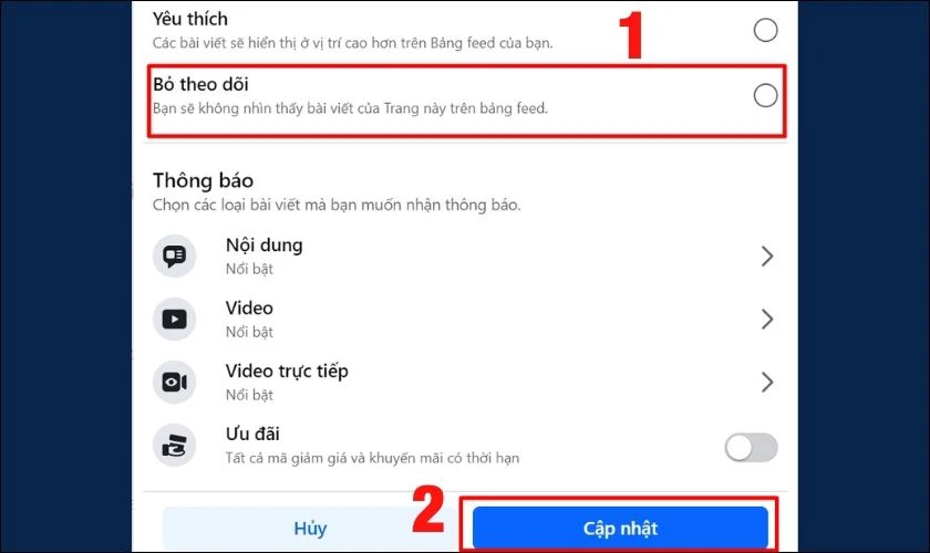 Nhấn v&agrave;o n&uacute;t Bỏ theo d&otilde;i v&agrave; cuối c&ugrave;ng l&agrave; nhấn Cập nhật