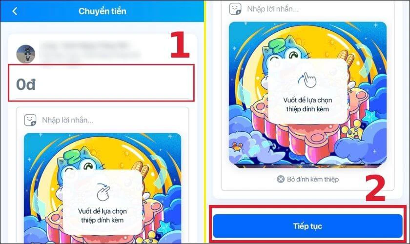 Nhập số tiền cần chuyển v&agrave; nhấn chọn Tiếp tục