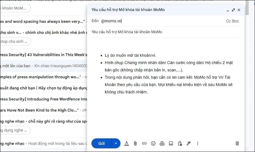 Gửi y&ecirc;u cầu hỗ trợ qua email để mở t&agrave;i khoản MoMo bị kh&oacute;a