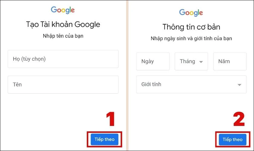 Điền t&ecirc;n, ng&agrave;y th&aacute;ng năm sinh, giới t&iacute;nh v&agrave; bấm v&agrave;o Tiếp theo