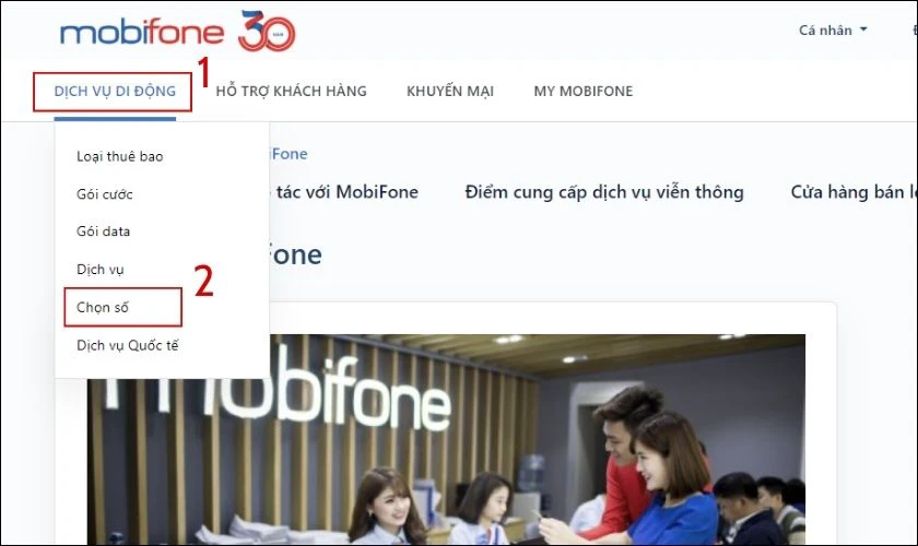 Nhấn chọn mục Dịch vụ di động v&agrave; chọn tiếp lệnh Chọn số