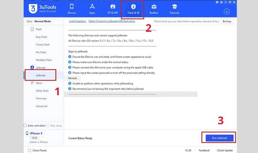 Bấm Run Jailbreak để bắt đầu qu&aacute; tr&igrave;nh