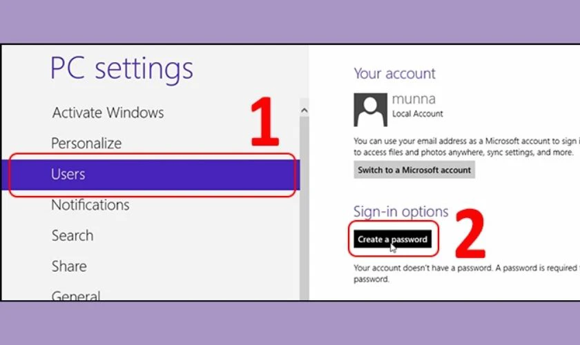 Tại mục Sign-in options, bạn chọn Create a password