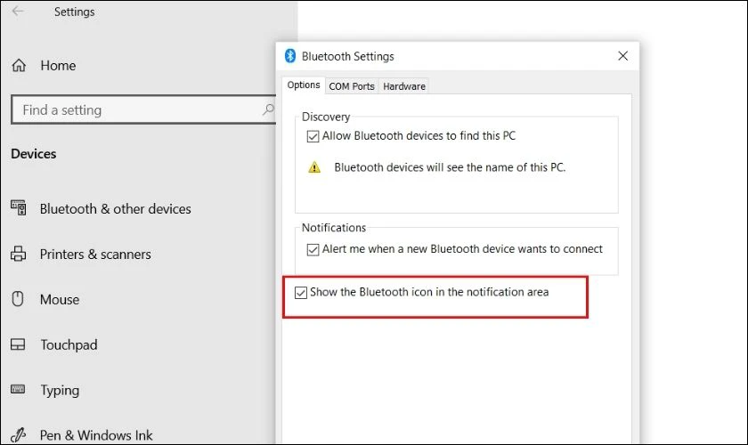 Tick chọn mục Show the Bluetooth icon in the notification area