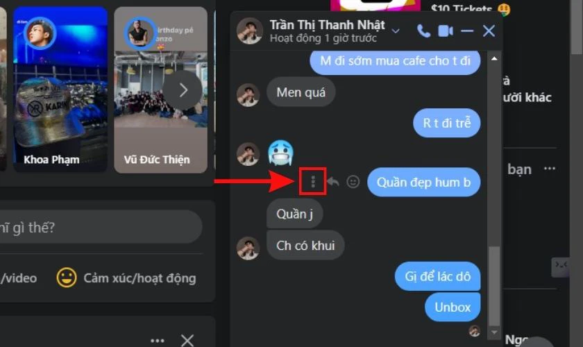 Nhấn v&agrave;o biểu tượng dấu ba chấm cạnh đoạn tin nhắn