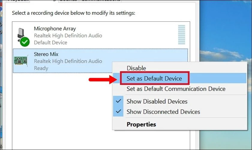 Nhấp chuột phải v&agrave;o Stereo Mix