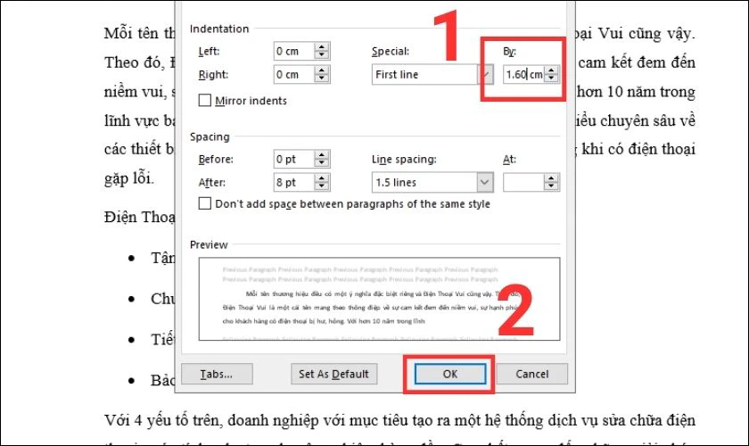 Điều chỉnh khoảng cách lùi đầu dòng trong Word 2010, 2016