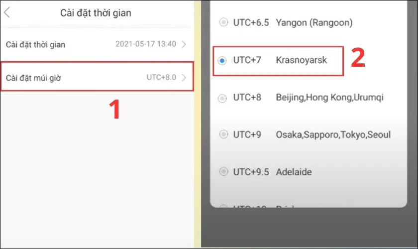Chọn tiếp v&agrave;o C&agrave;i đặt m&uacute;i giờ. Sau đ&oacute; t&igrave;m v&agrave; chọn v&agrave; m&uacute;i giờ UTC +7