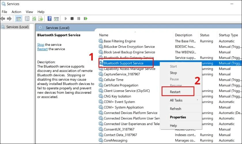 Bấm chuột phải vào mục Bluetooth Support Service, chọn Restart