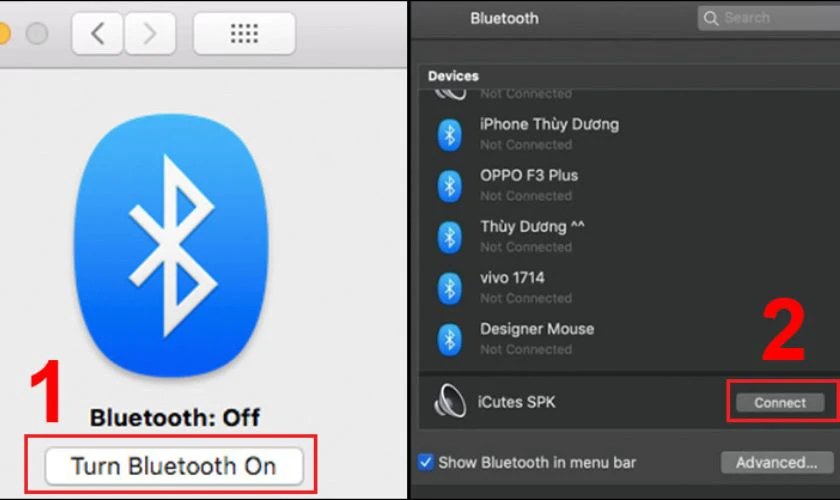 Nhấn v&agrave;o Turn Bluetooth On