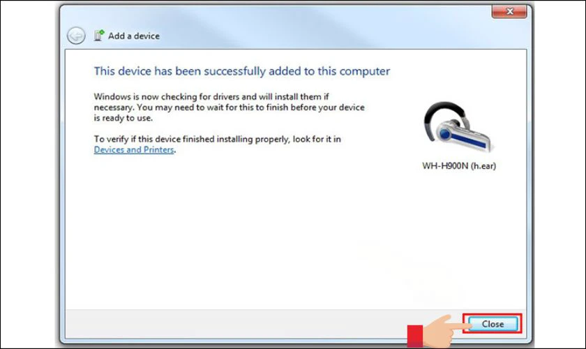 Bấm chọn Close để ho&agrave;n tất c&aacute;ch kết nối loa Bluetooth với m&aacute;y t&iacute;nh b&agrave;n