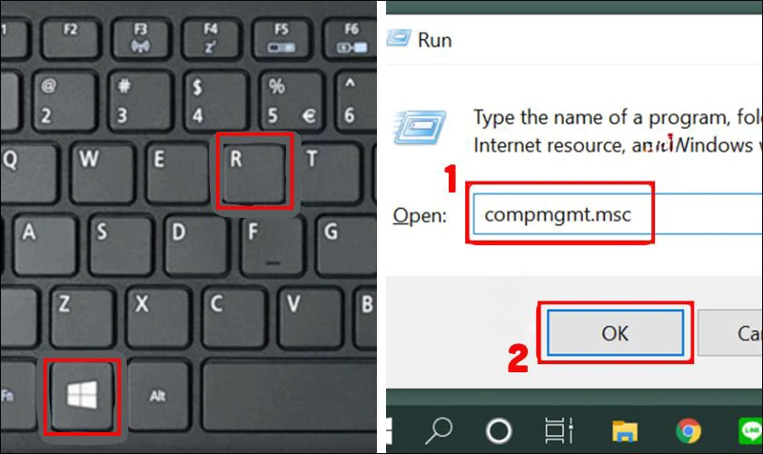 Mở hộp thoại Run rồi nhập devmgmt.msc v&agrave; nhấn OK